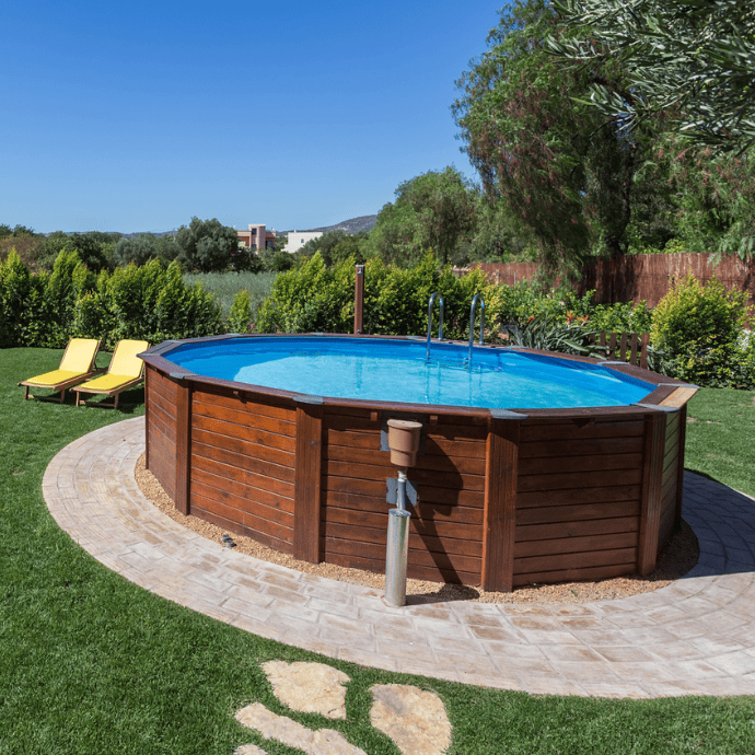 above ground pool with pavers, chaise lounge chairs