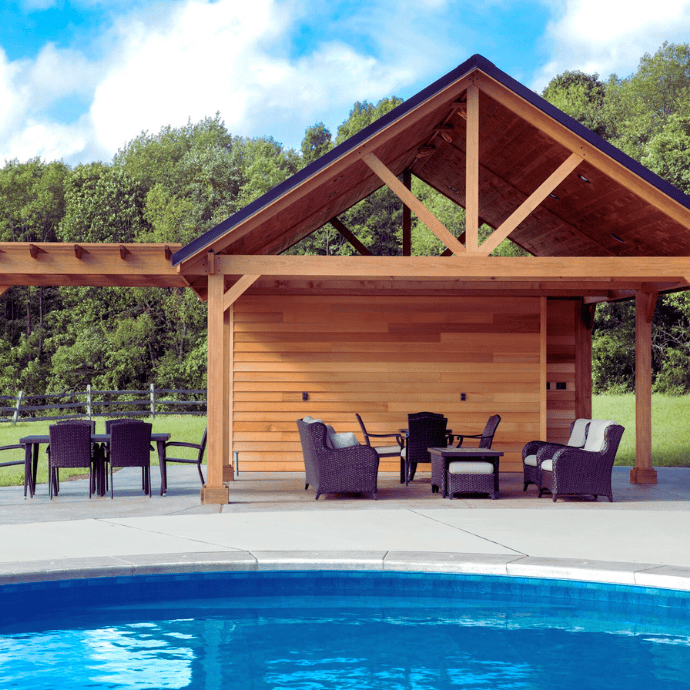 pergola, pool house with outdoor furniture in seating area, dining area
