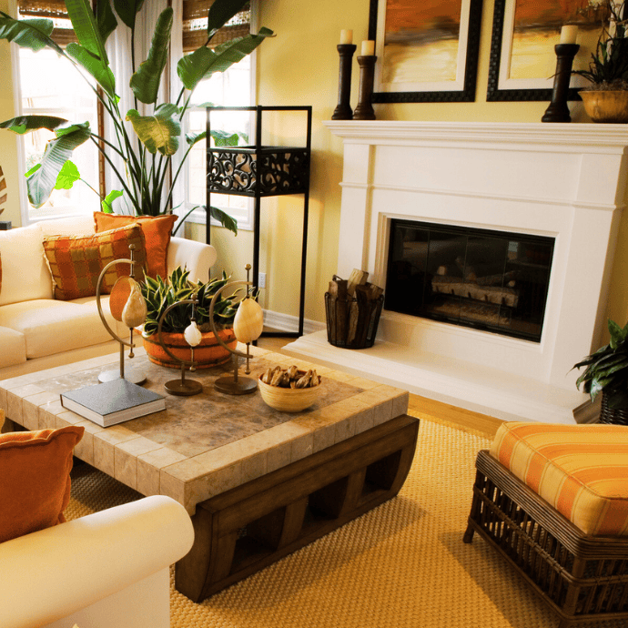 electric fireplace in living room with artwork, candles, logs, plants