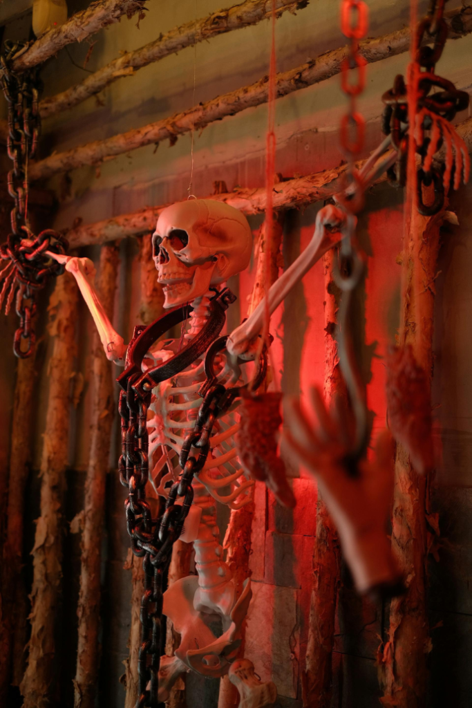 skeleton hanging from wall with chains