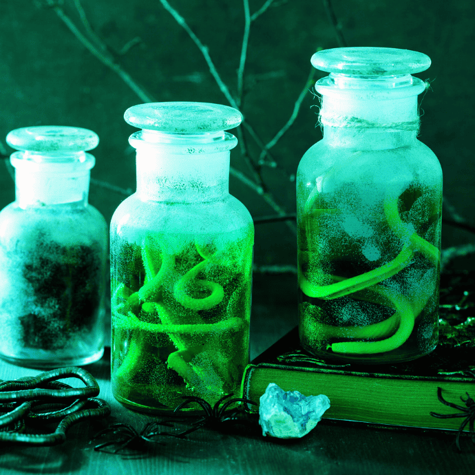 halloween glass jars with creepy crawlies, spiders, snakes