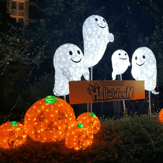 cute halloween light up ghosts, jack-o-lanterns in front yard with sign