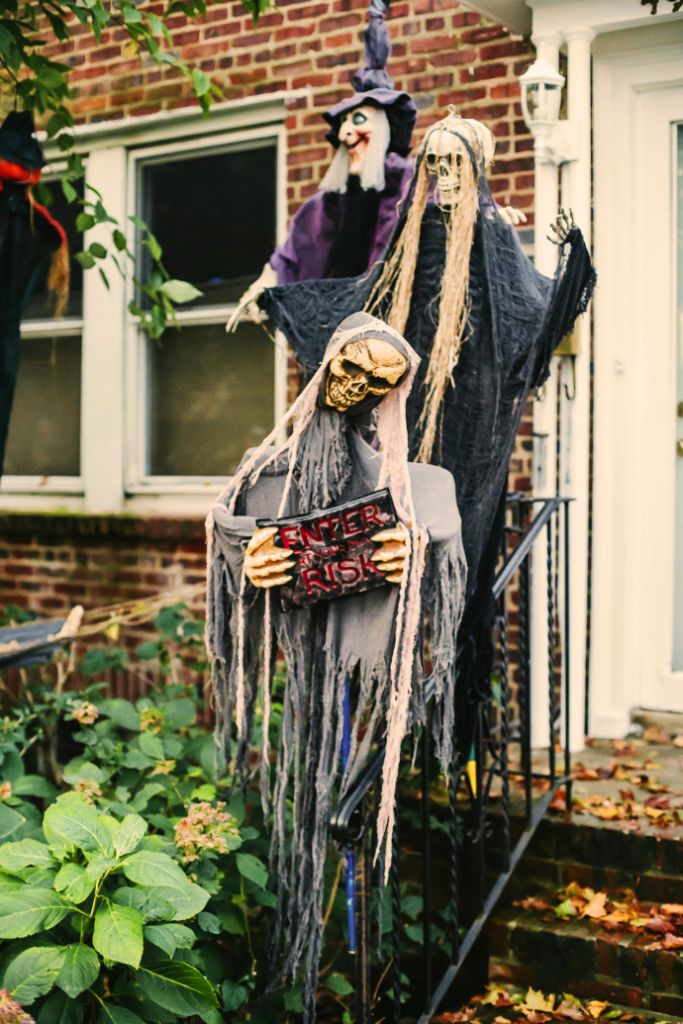 halloween front steps with scary witch, zombies, ghosts, phantoms