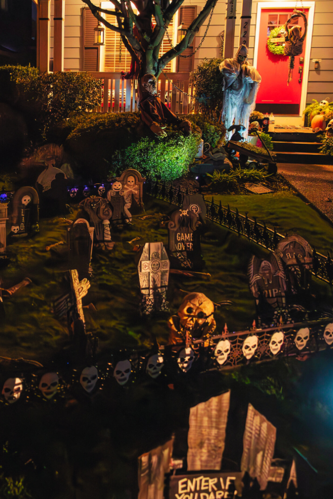 cemetery, tombstones, graveyard in halloween front yard display