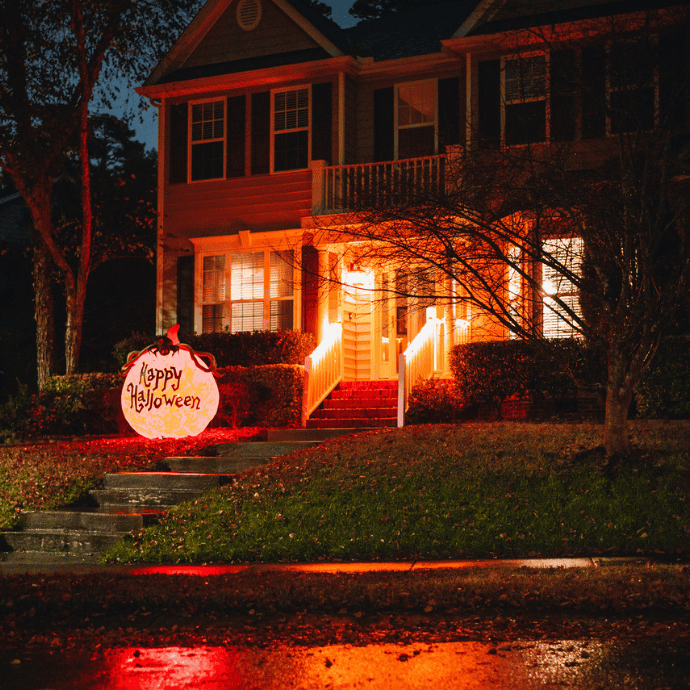 blow up inflatables with lights in halloween front yard display