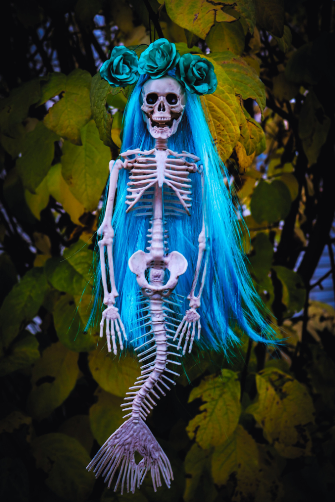 mermaid skeleton hanging from shrub in garden for halloween