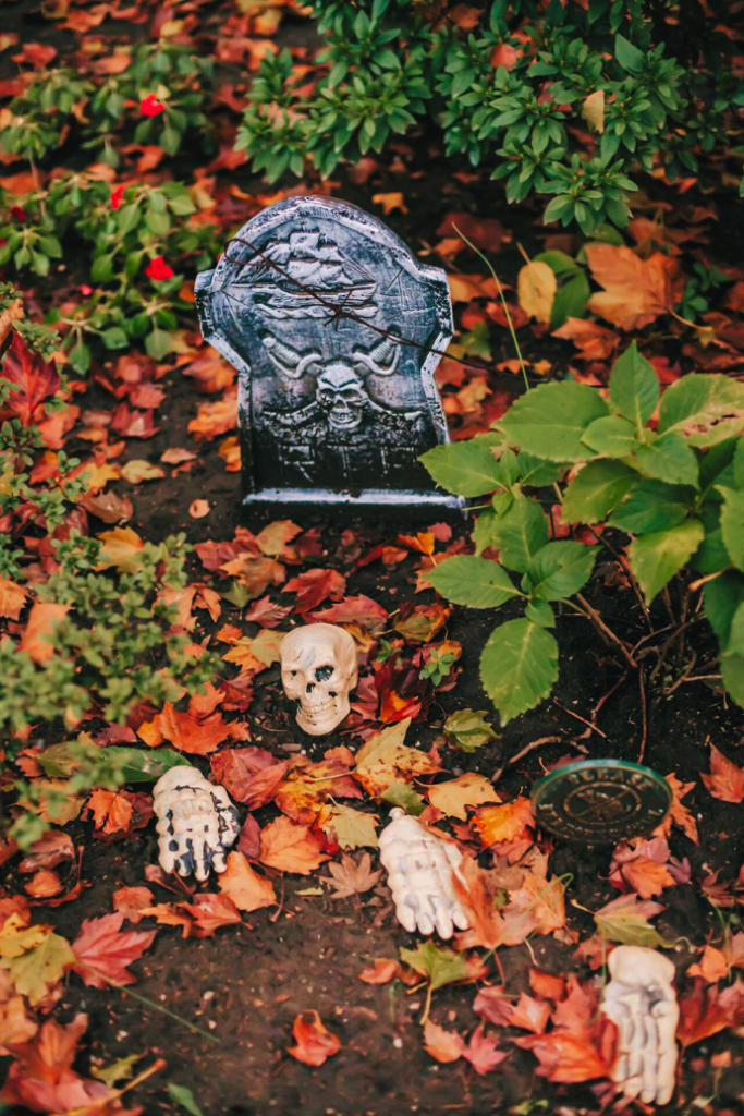 tombstone, ground breaker skeleton in garden for halloween