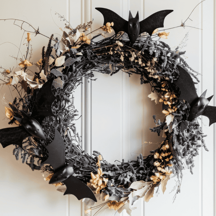 classy halloween wreath with bats, florals