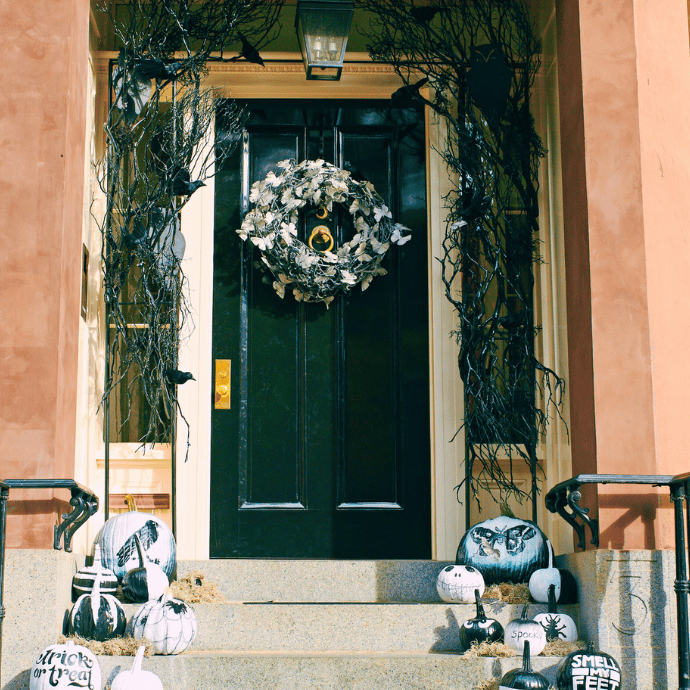 classy halloween front steps, front door wreath, painted pumpkins