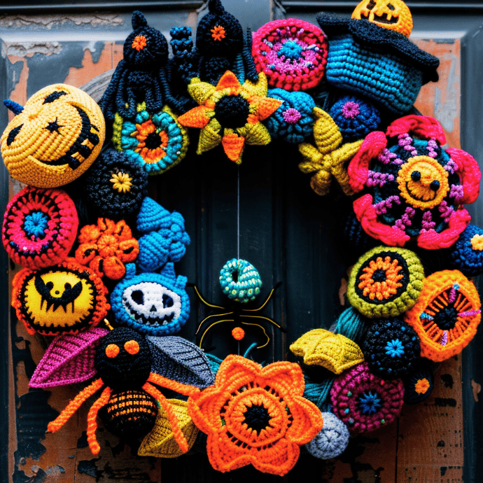 cute halloween crochet wreath on front door