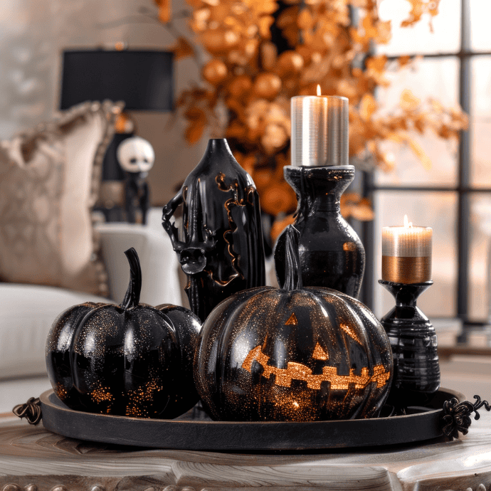 halloween centerpiece with candles, pumpkins