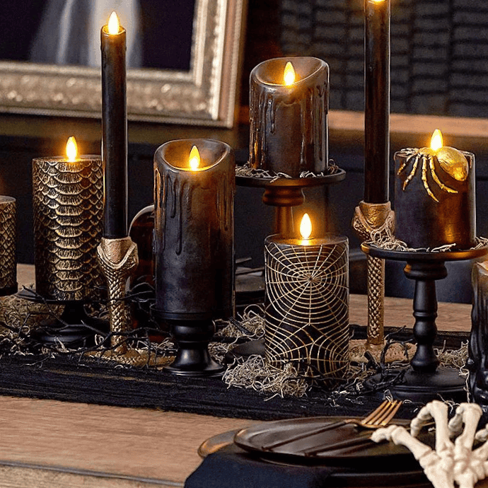 halloween flameless candles on tablescape