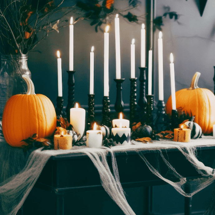 halloween taper candles, votives on sideboard with pumpkins, cobwebs