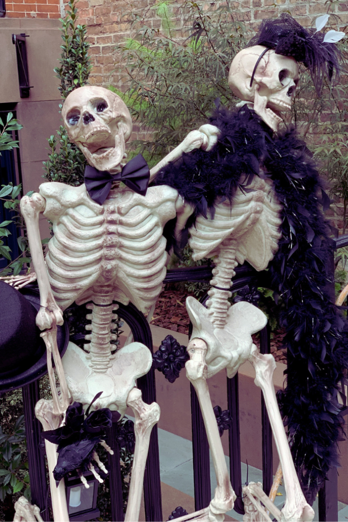 halloween skeleton props with feather boas