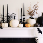 chic halloween mantel with white pumpkins, candlesticks