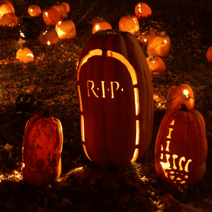 lighted jack-o-lanterns in front yard for halloween