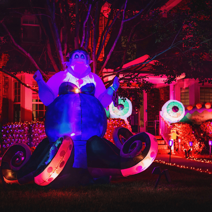 blow up inflatable halloween decorations with lights in front yard