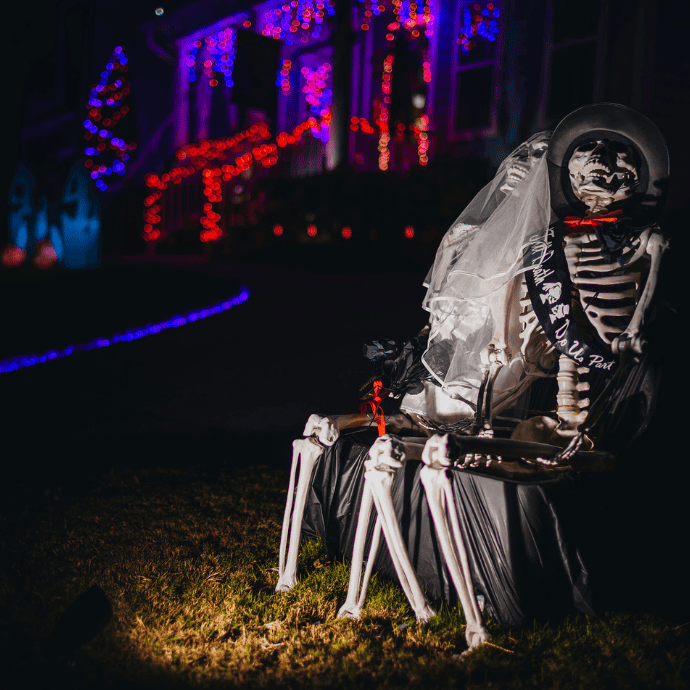 up light on halloween skeleton couple in front yard