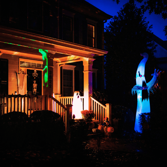 halloween front porch lights with blow up inflatables