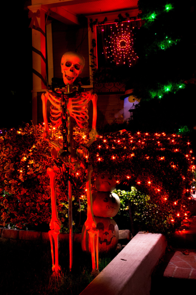 halloween lighting with string lights, skeleton