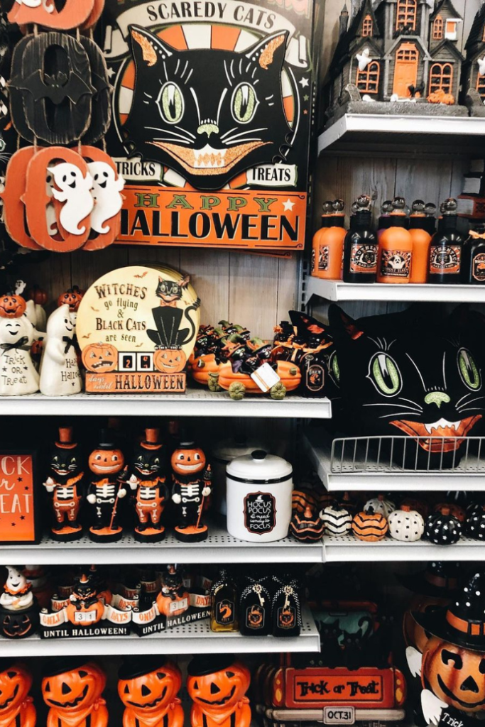 store shelves with vintage halloween decorations