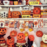 kitchen shelves with retro halloween decorations, cookware, serveware