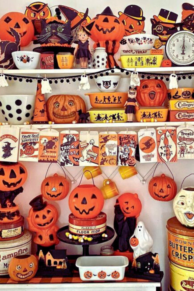 kitchen shelves with retro halloween decorations, cookware, serveware