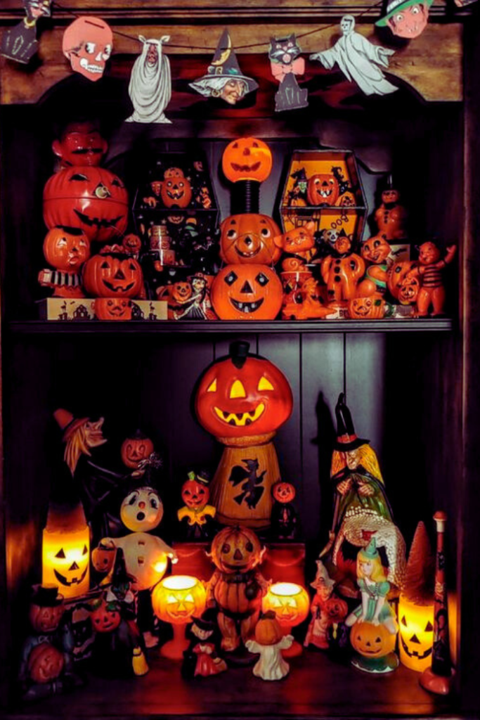 shelve with retro halloween decorations, lights, garland