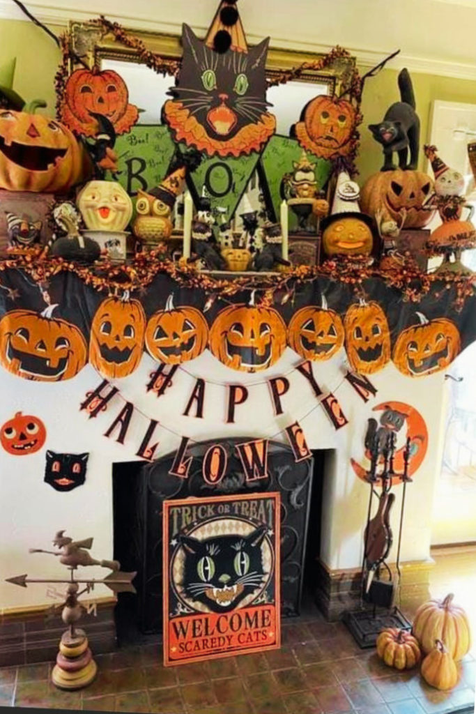 retro halloween mantel, fireplace decorations