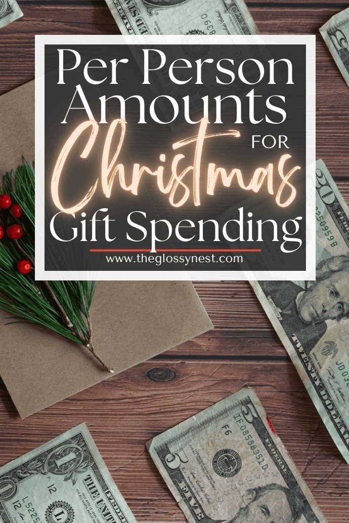 A festive arrangement with dollar bills, a brown envelope, pine sprigs, and red berries on a wooden surface. Text reads, "The Best Per Person Amounts for Christmas Gift Spending." Perfect for Christmas budget planning. Visit theglossynest.com.