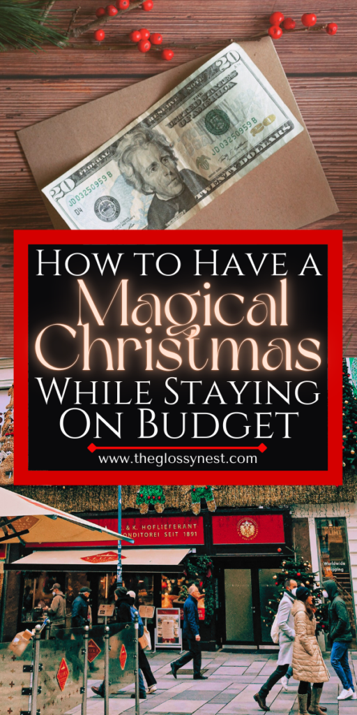 A festive scene with a wrapped gift topped with cash, set on a wooden surface adorned with red berries. Below, a graphic reads "Christmas Budget Planning: How to Have a Magical Christmas While Staying On Budget." At the bottom, a bustling street market.