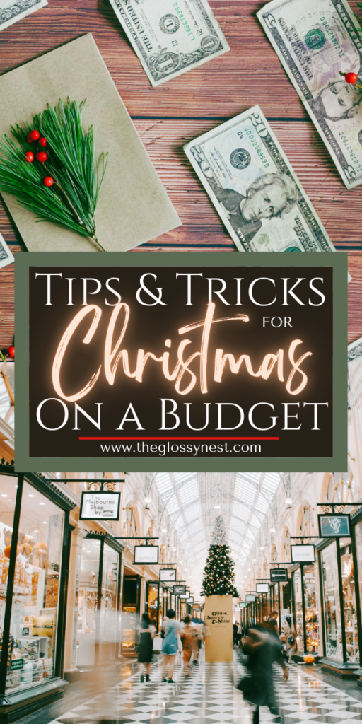 Festive scene with dollar bills, a card featuring a sprig of pine and berries, and the text: "Christmas Budget Planning Tips & Tricks" overlaid. Below, a bustling shopping mall adorned with a large Christmas tree and people enjoying the holiday spirit.