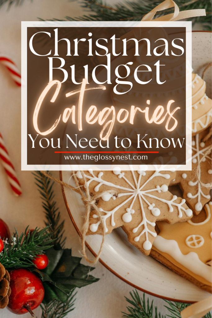 Two hands exchange a credit card over a payment device on a dark table, surrounded by tools and leather pieces. Text overlay reads, "Christmas Budget Categories You Might Be Forgetting." Discover more about Christmas budget planning at theglossynest.com.