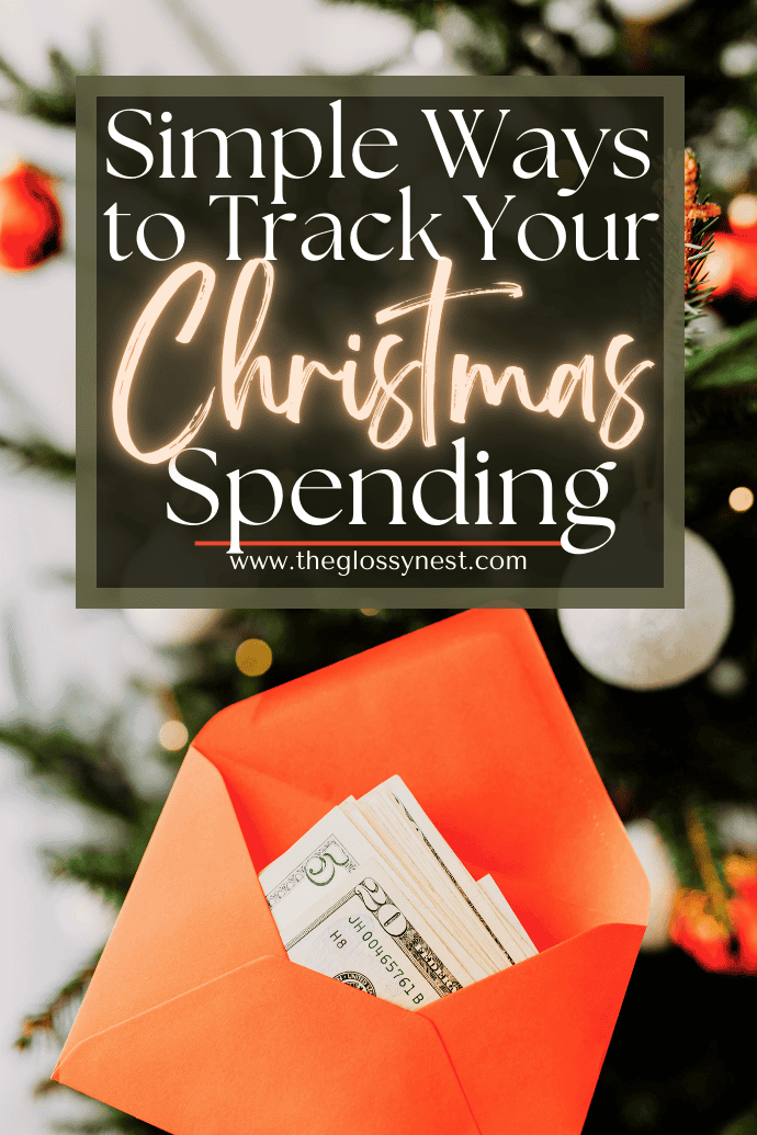 Several wrapped Christmas gifts in various colors, adorned with ribbons and bows, are stacked together. A translucent overlay at the bottom reads "Simple & Easy Ways to Track Christmas Spending" with a website link below, ensuring seamless christmas budget planning this season.