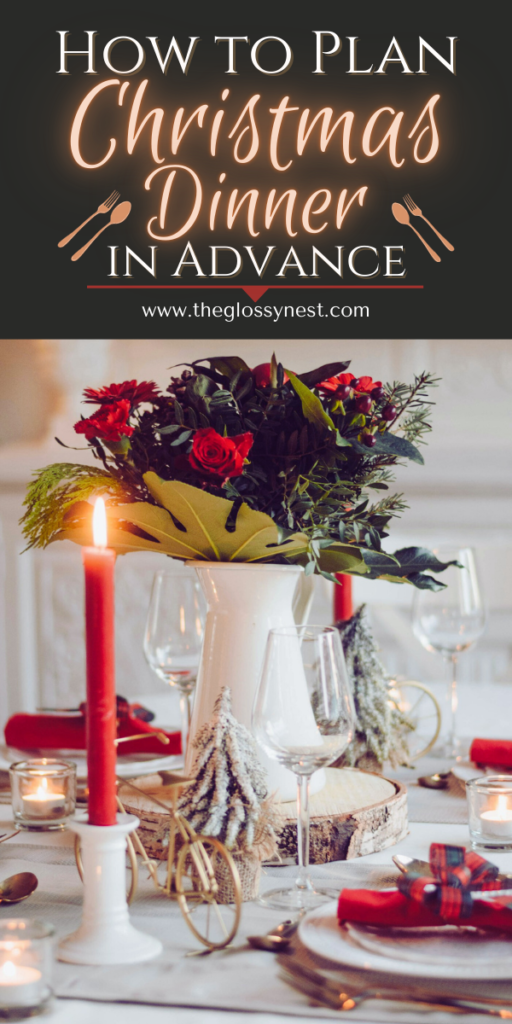 Festive table setup with a white vase filled with red and green flowers, surrounded by red candles, glasses, and place settings. The text above reads, "How to Plan Christmas Dinner in Advance."