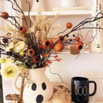 farmhouse halloween vignette with ghost pitcher, boo Rae Dunn mug