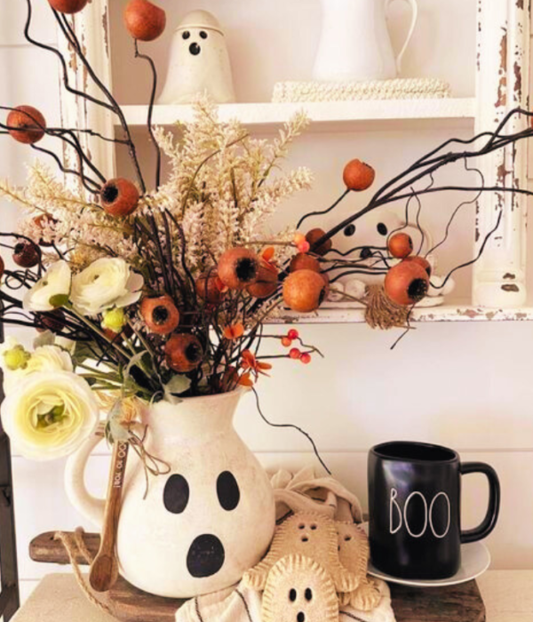 farmhouse halloween vignette with ghost pitcher, boo Rae Dunn mug