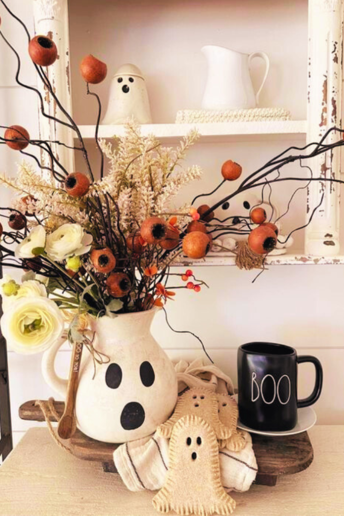 farmhouse halloween vignette with ghost pitcher, boo Rae Dunn mug