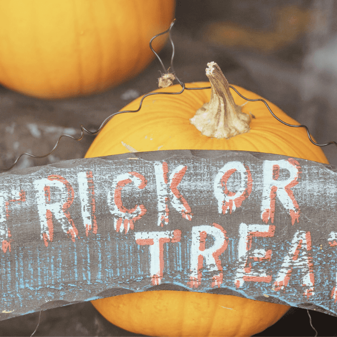 rustic halloween trick or treat sign with pumpkins