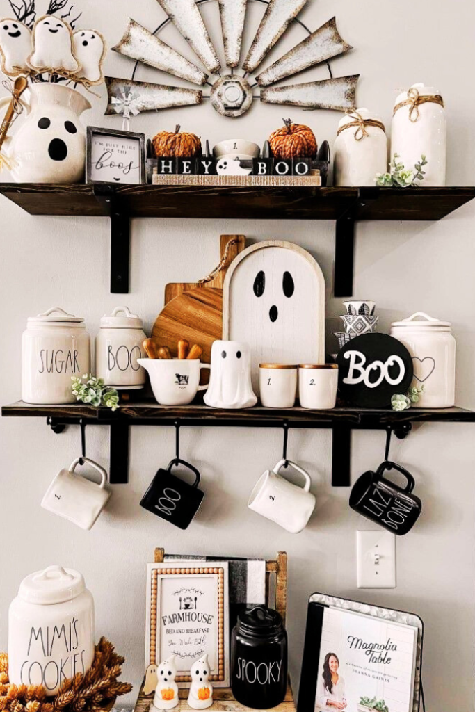 farmhouse halloween coffee bar with Rae Dunn mugs, ghosts