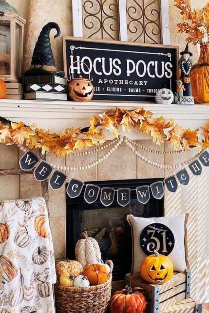 farmhouse halloween decorations on mantel and fireplace