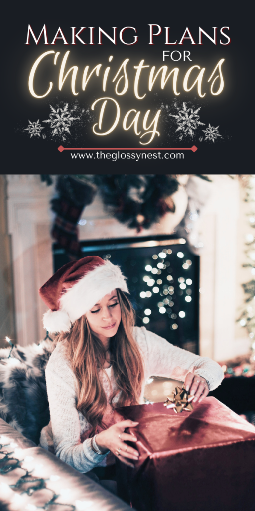 A woman wearing a Santa hat is sitting in a cozy, decorated room, wrapping a present. The festive setting includes a fireplace and Christmas lights. The text at the top reads "Making Plans for Christmas Day," and a website is mentioned.