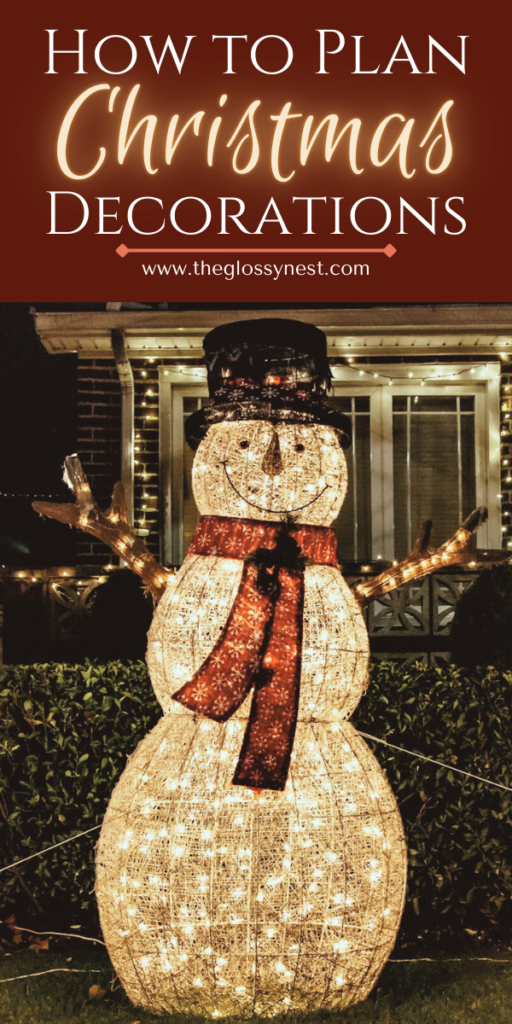 A glowing snowman decoration in front of a house, adorned with a red scarf and hat. Text reads "How to Plan Christmas Decorations" with a website link www.theglossynest.com.