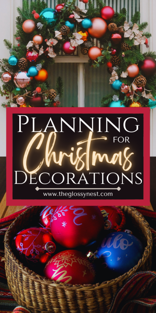 A festive Christmas wreath adorned with ornaments, pinecones, and ribbons is displayed. Below, a basket filled with colorful ornaments rests on a table. Text reads, "Planning for Christmas Decorations" and a website link.