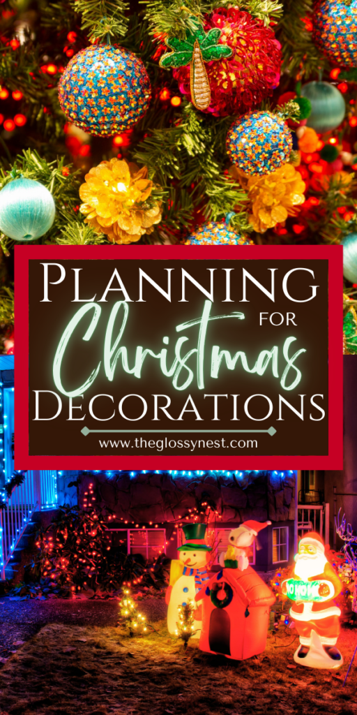 Festive decorations with colorful Christmas ornaments on a tree and outdoor lights featuring snowmen and a Santa figure. Text reads, "Planning for Christmas Decorations" with a website link below.