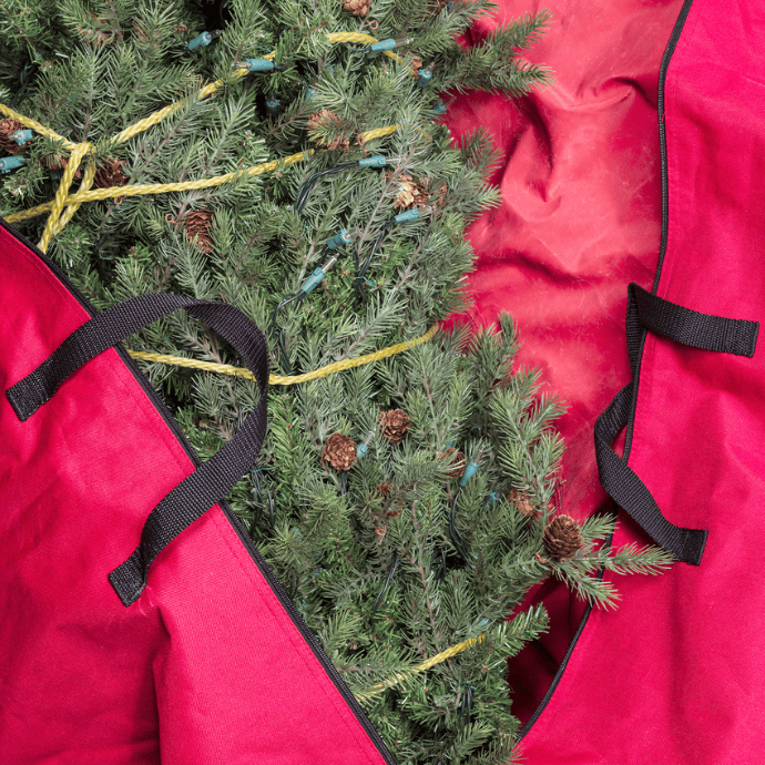 A partially unzipped red bag reveals a bundled evergreen tree with yellow ropes and pinecones. Black handles are visible on the bag.