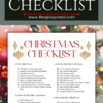 Christmas Planning Checklist infographic with steps for after Christmas, 6-4 months before, 3-4 weeks before, 1 week before, and Christmas Eve tasks. Decorative ornaments and festive background included. Text: "Free Printable!.