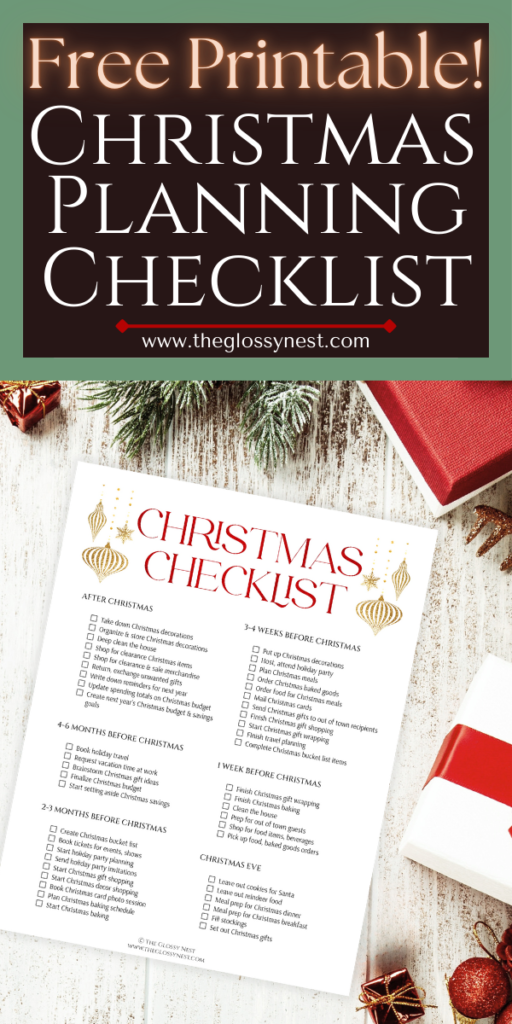 An image featuring a Christmas planning checklist from The Glossy Nest, titled "Free Printable! Christmas Planning Checklist." The checklist is set on a wooden surface with Christmas decorations and a wrapped gift nearby.