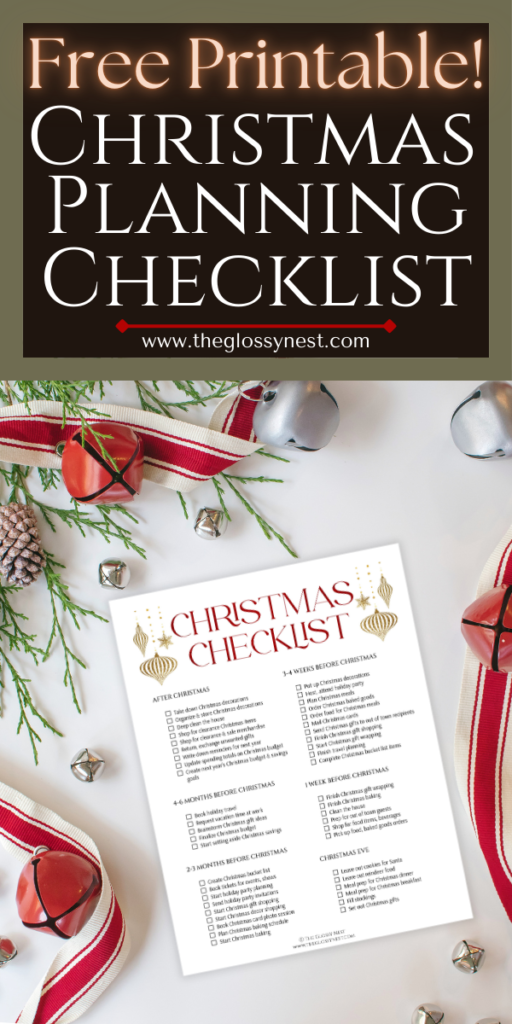 Festive Christmas planning checklist surrounded by red ribbon, pine branches, pine cones, and red ornaments. Header reads "Free Printable! Christmas Planning Checklist" from theglossynest.com.