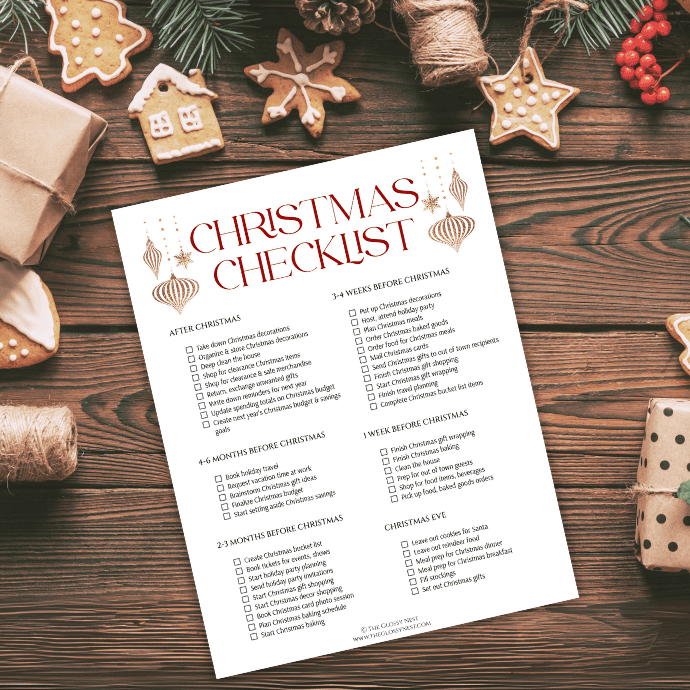 A Christmas checklist on a wooden table surrounded by cookies, wrapped gifts, pine branches, and ornaments. The checklist outlines tasks to prepare for Christmas, organized by timing from months before to Christmas Eve.